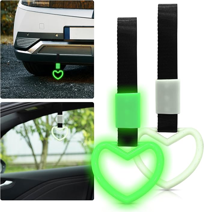 2 Pcs Heart Shaped Car Handle Strap – Drift Charm Rear Bumper Warning Ring Decor for Car Interior Exterior, Subway Bus Handle Accessory, Cute Heart Car Decor Gift for Women & Men (Luminous Green)