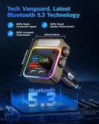 54W Bluetooth 5.3 Car Adapter with 4 Charging Ports [PD 36W & QC3.0 18W], Wireless Radio FM Transmitter with Deep Bass Player & 5 Colors LED Backlit, Hands-Free Calling - Gold