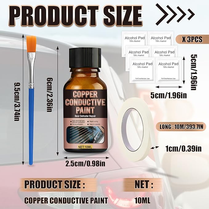 Rear Defroster Repair Kit, Copper Conductive Paint for Repairing Rear Window Defroster Screens with Brush Wipes Masking Paper Strong Adhesion and Fast Repair Performance, 10 Ml