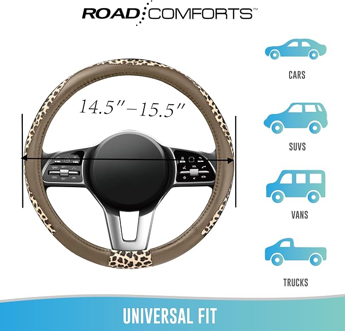 Steering Wheel Cover - Made with PVC Leather and Leopard Fabric - Universal 14 1/2 inches to 15 inches for Most Automotive Steering Wheel - Cheetah Print -Beige