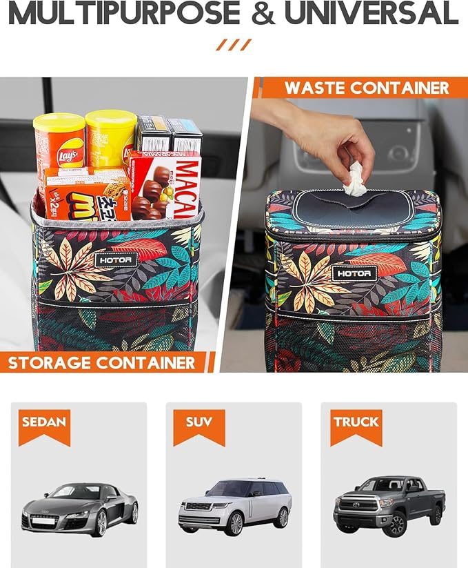 Car Trash Can with Lid and Storage Pockets - 100% Leak-Proof Organizer, Waterproof Garbage Can, Multipurpose Trash Bin for Car, 2 Gallons, Autumn Leaves