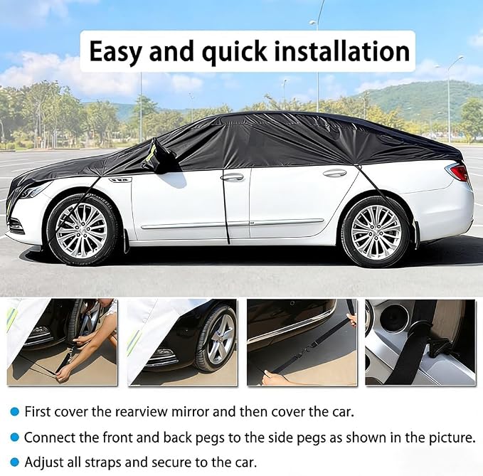 Half Car Cover All Weather Car Body Cover for All Season Sunshade Cover Snow Cover Waterproof 210D Polyester with Cotton (Fit Sedan)