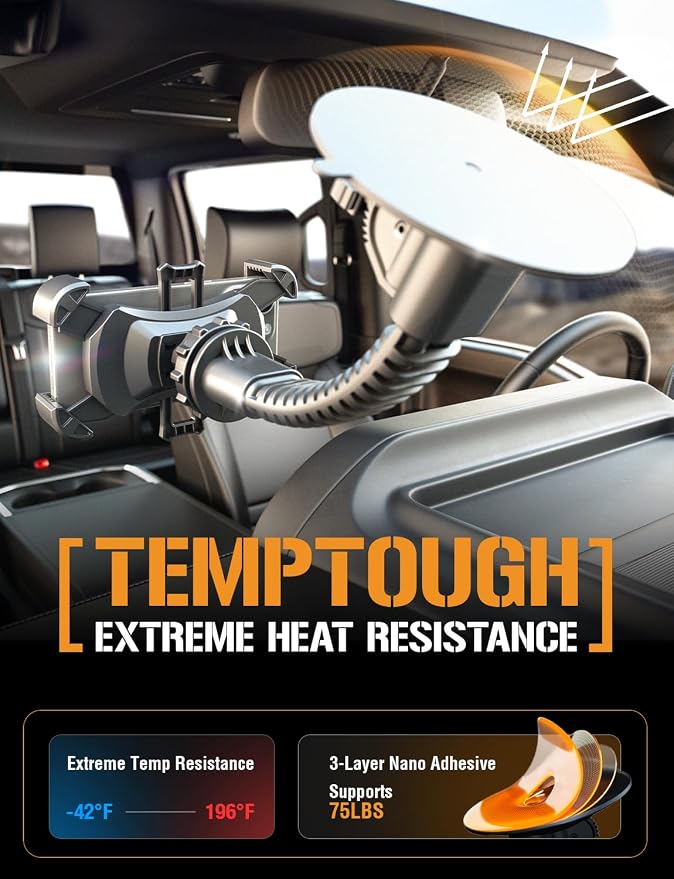 Mammoth Truck Windshield Phone Mount, Vibration Absorbing Car Phone holder with One-hand Quick Release, Double-ribbed Gooseneck, Expandable Claw Grip, 360 rotation, Extra Large Suction Cup