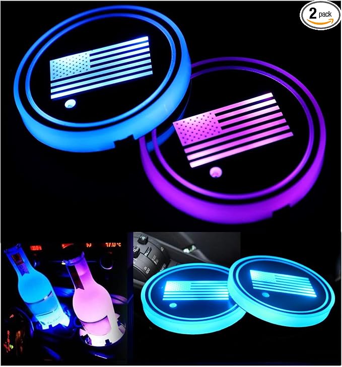2PCS LED Car Cup Holder Lights, Light up Car Coasters for Cup Holders 7 Color-Changing Light Up Cup Holder Insert Coasters, Waterproof Car Accessories for Teens, Car Gifts for Men & Women