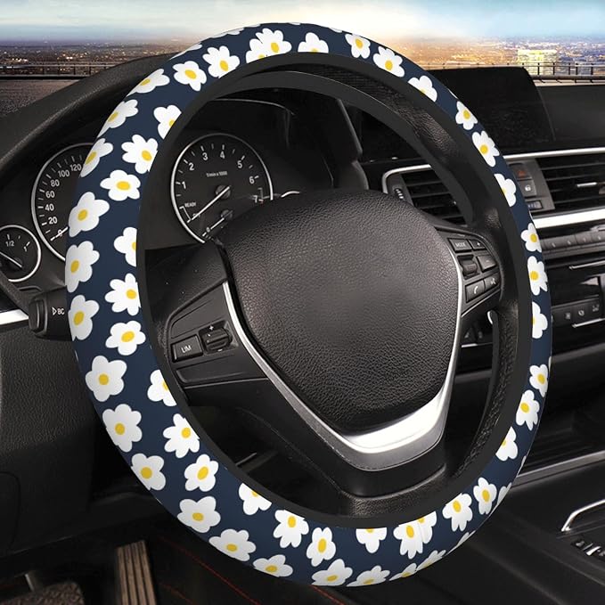 Cartoon Daisy Flower Elastic Steering Wheel Cover Non-Slip Breathable Steering Wheel Protector Fit Auto, SUVs, Truck