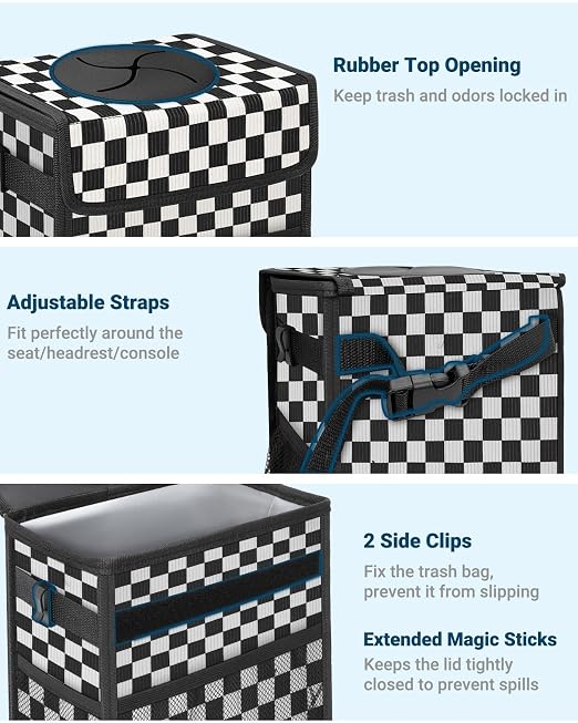 Car Trash Can with Lid, Leakproof Car Trash Bag Hanging Waterproof Automotive Garbage Can with Storage Pockets Mini Vehicle Trash Bin for Back/Front Seat(Black Square Grid,3 Gallon)