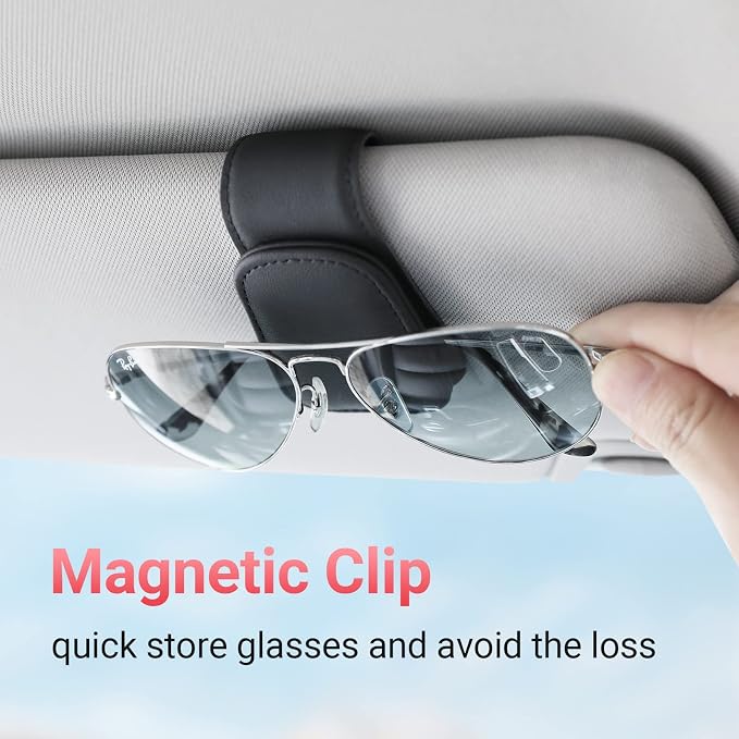 Sunglass Holder for Car Visor Sunglasses Clip Magnetic Leather Glasses Eyeglass Holder Interior Car Accessories for Woman Man -2 Packs Black