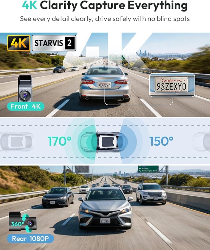 G300 Plus 4K Dual Dash Cam Front and Rear [2026 Upgraded], STARVIS 2 Sensor, 64GB Card Included, Voice Control, 5GHz WiFi Dashcam Front and Rear Camera, GPS,WDR Night Vision,24H Parking Mode