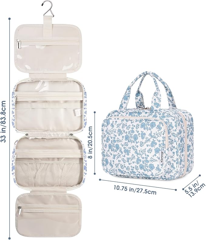 Hanging Floral Toiletry Bag for Women Travel Makeup Bag Organizer Toiletries Bag for Travel Size Essentials Accessories Cosmetics (Blue Flower (Medium))