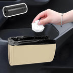 Car Trash Can, Leather Waterproof Automotive Garbage Can with Trash Bag, Hanging Mini Vehicle Trash Bin, Small Auto Door Organizer Storage Pouch, Universal Car Accessories (Beige)