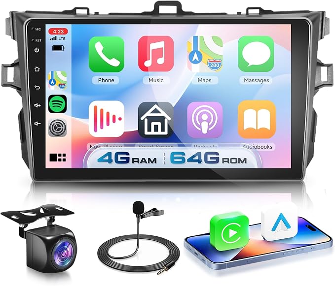 4G+64G for Toyota Corolla 2009-2013 Car Radio, Wireless Carplay Android Auto Android 15 Touch Screen Car Stereo, Bluetooth, GPS Navi, 5G WiFi, SWC, HD Backup Camera