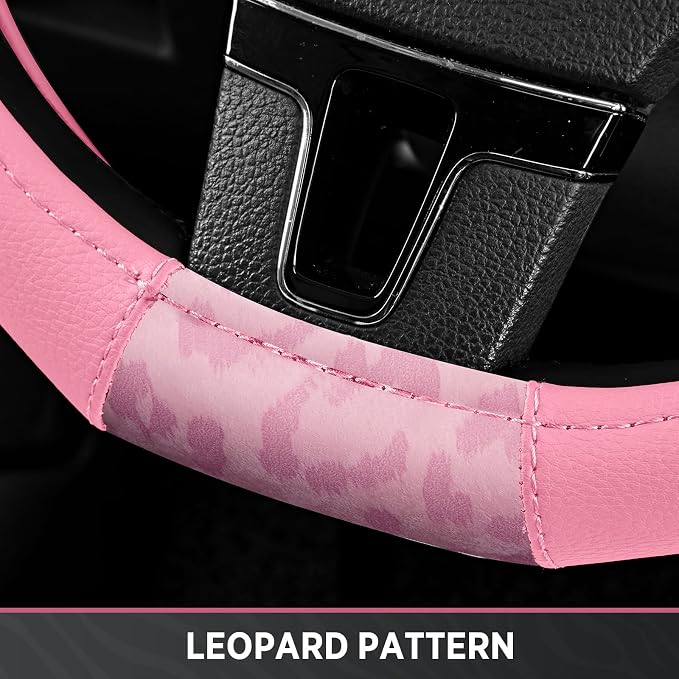 Steering Wheel Cover - Flat Bottom Wheel Cover Made with PVC Leather and Leopard Fabric - Universal Fit for 15-Inch D-Shaped Automotive Steering Wheels (All Pink)