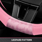 Steering Wheel Cover - Flat Bottom Wheel Cover Made with PVC Leather and Leopard Fabric - Universal Fit for 15-Inch D-Shaped Automotive Steering Wheels (All Pink)