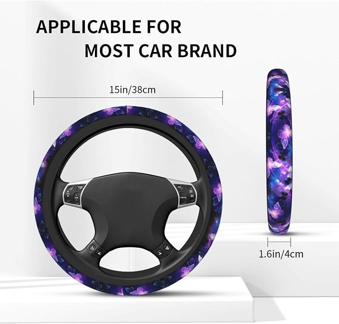 Butterfly Purple Steering Wheel Cover - Purple Butterfly Steering Wheel Cover Anti-Slip Breathable 15 Inch Universal 2 Pcs Car Interior Cup Holder Pad for Men Women