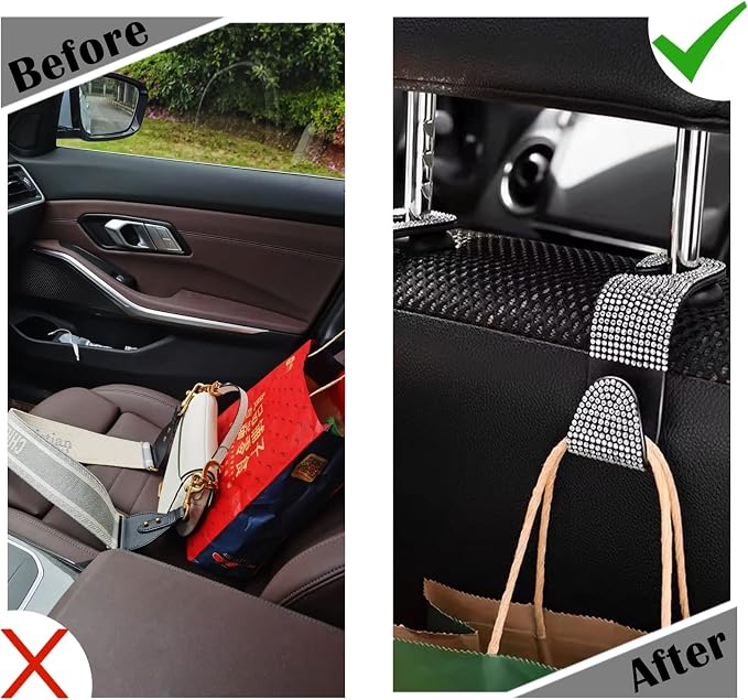 2PCS Car Seat Hooks, Bling Rhinestone Headrest Hooks, Universal Bling Car Interior Accessories, for Handbag, Clothes, Purse, Water Bottle (White)