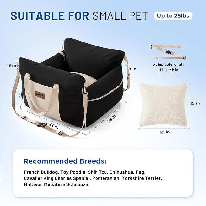 Dog Car Seat for Small Dogs - Waterproof Pet Booster Seat for Car with Clip-On Safety Leash, Travel Carrier for Medium Puppy up to 25 lbs, Adjustable Buckles, Black