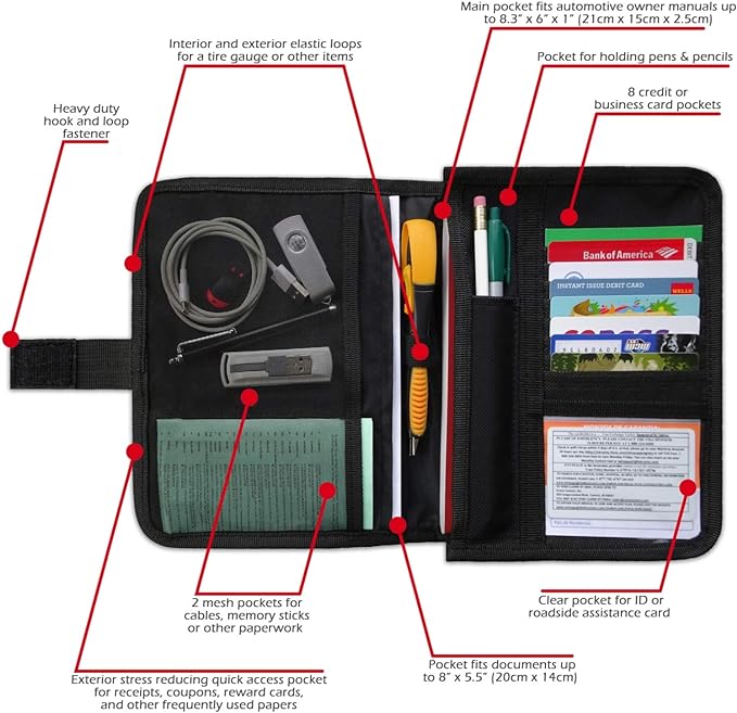 Glove Box Compartment Organizer - Car Document Holder - Owner Manual Case Pouch - Vehicle Storage Wallet for Registration & Insurance Card - Premium Auto Paperwork Holder - Log Book included - Black