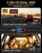 2.5K+1080P Dual Dash Cam Front and Inside, WiFi & GPS Dash Camera for Cars with 32G Card, IR Night Vision, 3" IPS Screen, Inside Car Camera for Taxi Driver, Support 256GB Max, App Control