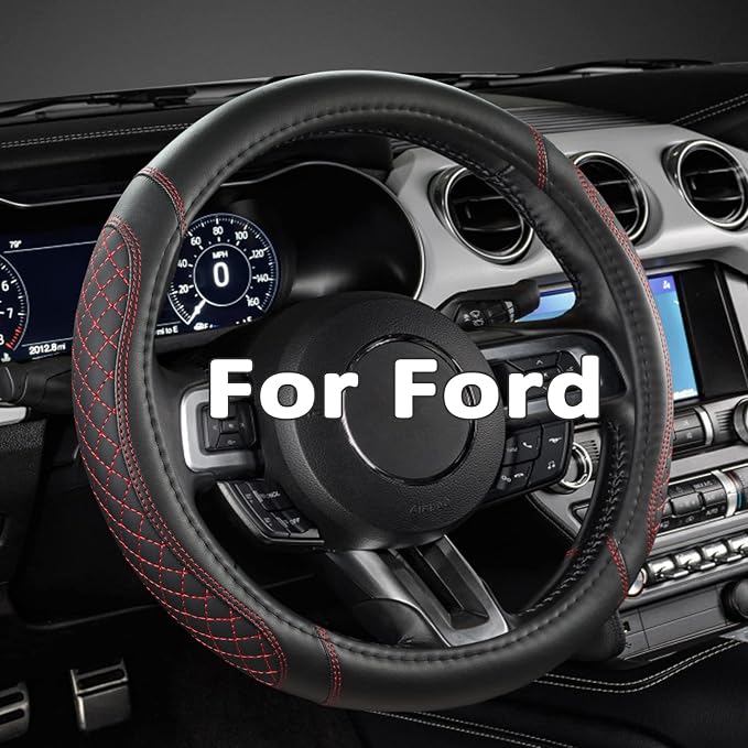 Car Steering Wheel Cover for Ford Escape,Explorer,Fusion,Focus,Bronco,Transit,Edge(Diamond Quilted - Black+Red- Standard Size)