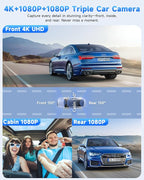 4K 3 Channel Dash Cam, Dash Cam Front and Rear C3, Free 64GB Card, 4K+1080P+1080P Dashcam, G-Sensor, WDR, APP, 5G WiFi, Night Vision, 24H Parking Monitor