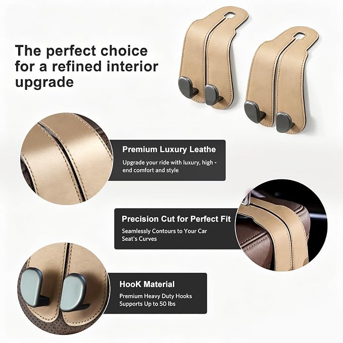 CoBak Extra Wide Car Seat Back Hooks, Premium Stitched Leather Headrest Hangers with Wide Slot Structure, Universal for Any-Width Purses, Handbags, Bags (2 Pack), Gold