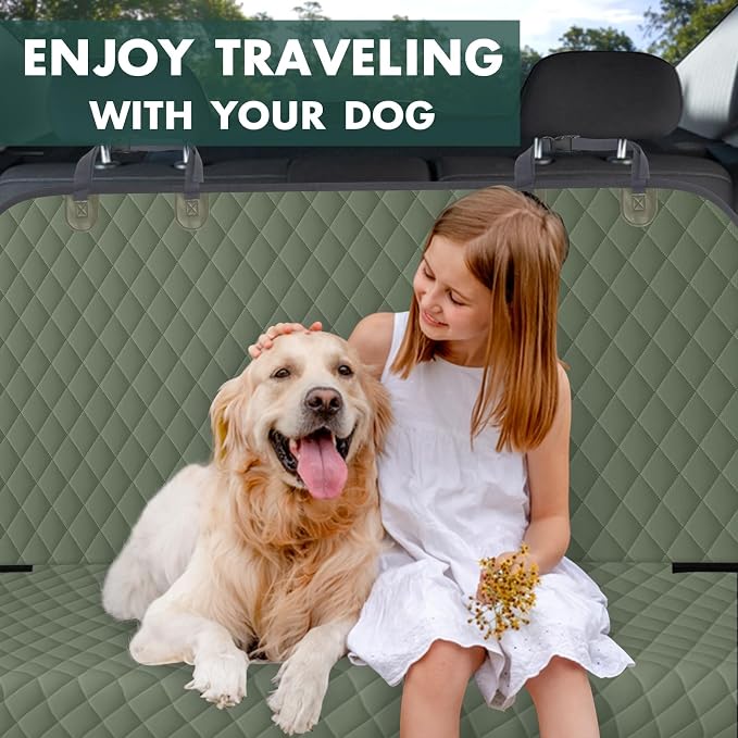 Backseat Cover for Dogs, Waterproof and Non-Slip Pet Bench Seat Covers, Car Seat Protector for Back Seat, Universal Size Rear Car Seat Cover Fits Cars, Trucks and SUVs, L-Army Green&Grey