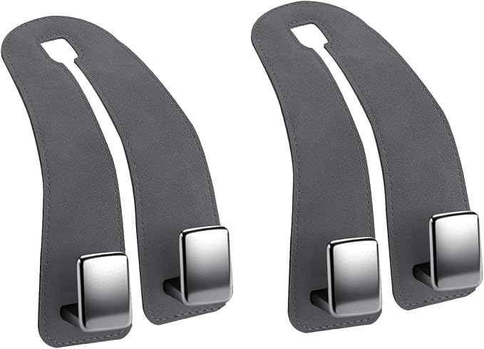 Car Headrest Hooks, Premium Suede with Metal Car Seat Back Storage Hooks for Handbag Coats Umbrella Backpack - 2 Pack, Gray