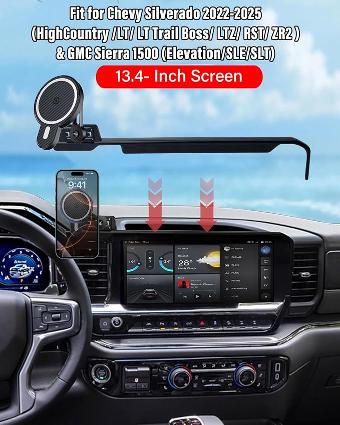 PZK Car Phone Holder for 2022-2026 Chevy Silverado/GMC Sierra 13.4'' Screen | Magnetic 15W Fast Wireless Charger Car Phone Mount Magsafe With 360° Rotating Extension Rod Hands-Free Phone Cradles