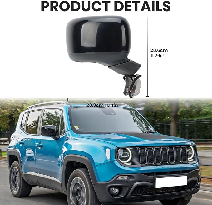 Right Passenger Side Mirror Compatible with Jeep Renegade 2015-2025 Temperature Sensor Heated Manual Folding Power Glass Paintable Black (5+2 Pins)