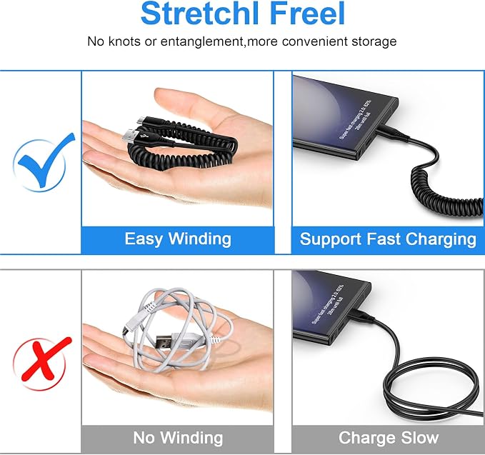 USB to USB C Cable iPhone 17e Coiled 3FT Car Charger Cord for iPhone 16e/16/16 Pro/16 Pro Max/Plus/17/Air/17 Pro/17 Pro Max, Retractable Auto Type C Fast Charging for Samsung Galaxy A17 S26,Pixel 10
