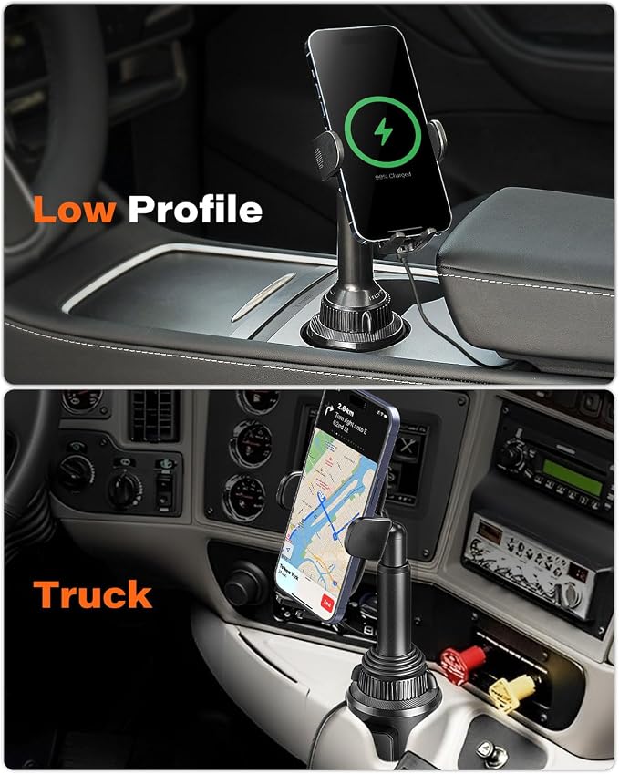 15W Qi Wireless Car Charger Solid Cup Holder Mount, Adjustable Long Arm & 360° Rotation, Fits 3"–4" Round Cup Holders, Works with Cases ≤ 4 mm (No Metal Attachments)