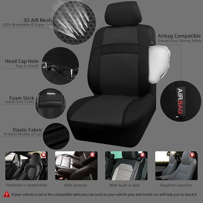 3D Air Mesh Car Seat Covers Full Sets w/5mm Sponge, 4Pcs Waterproof Car Floor Mats, Steering Wheel Cover Universal Fit for SUV Sedan Truck, Airbag Compatible Automotive Interior(Black)