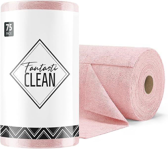 Microfiber Cleaning Cloth Roll -75 Pack, 12" x 12" (Pink) | Reusable Alternative to Paper Towels, Ultra Absorbent, Lint-free Microfiber Towel Roll, for All-Purpose Cleaning