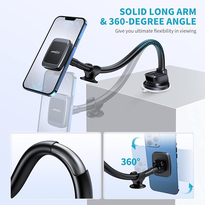 Magnetic Phone Holder Mount with 13-inch Flexible Long Arm & 6 Strong Magnets, Anti-Shake Holder for Truck Windshield Dashboard, Suction Car Mount for All Phones