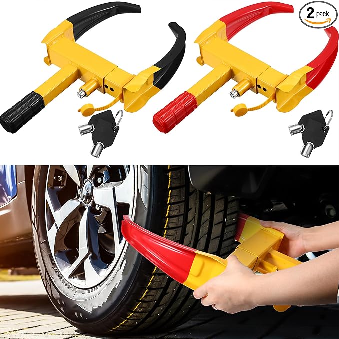 2 Pcs Wheel Lock for Cars, Heavy Duty Trailer Wheel Lock Universal Security Anti Theft Tire Clamp for Vehicles Boot Camper SUV ATV Boat Motorcycle Deterrent(Red and Black)