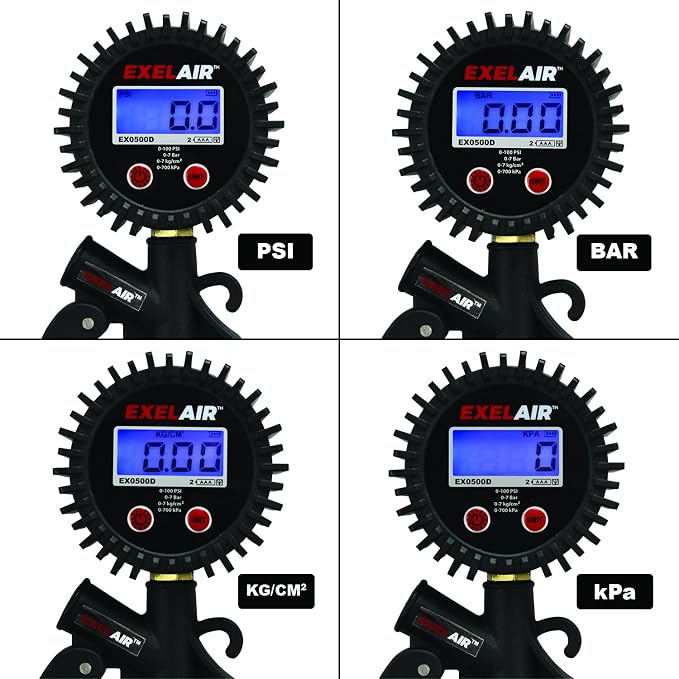 EXELAIR Digital Pistol Grip Tire Inflator Gauge EX0500D, Easy Clip Air Chuck, Easy to Read 0.1 Display, Pistol Grip Handle, 100 PSI Max Pressure, 16" Air Hose, 1/4" NPT (PSI, kPa, Bar, and kg/cm2)