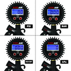 EXELAIR Digital Pistol Grip Tire Inflator Gauge EX0500D, Easy Clip Air Chuck, Easy to Read 0.1 Display, Pistol Grip Handle, 100 PSI Max Pressure, 16" Air Hose, 1/4" NPT (PSI, kPa, Bar, and kg/cm2)