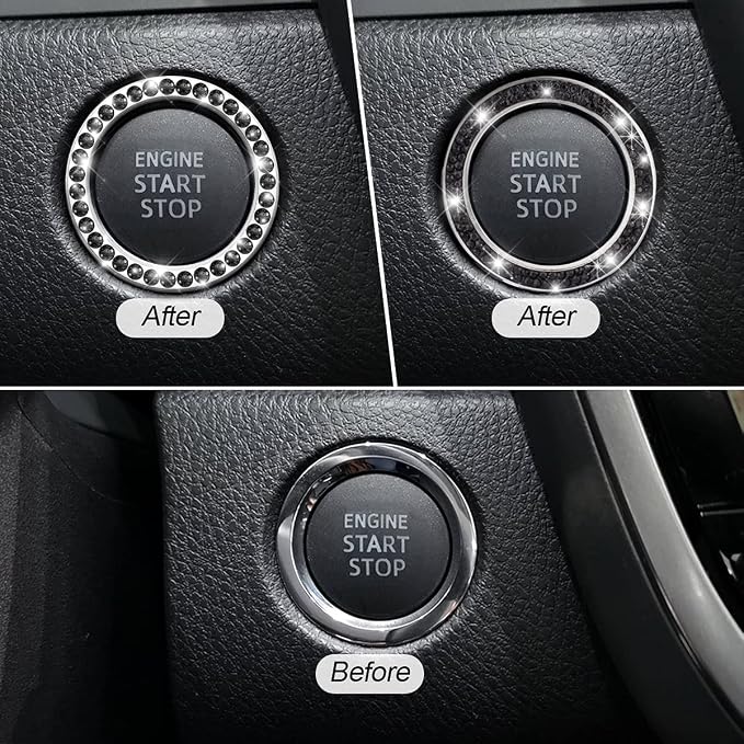 Car Bling Crystal Rhinestone Engine Start Ring Stickers, 1 Single Drainage Drill and 1 Double Drainage Drill Car Start Button Cover, Key Ignition Knob Bling Ring Decals, Car Accessories(Set Black)