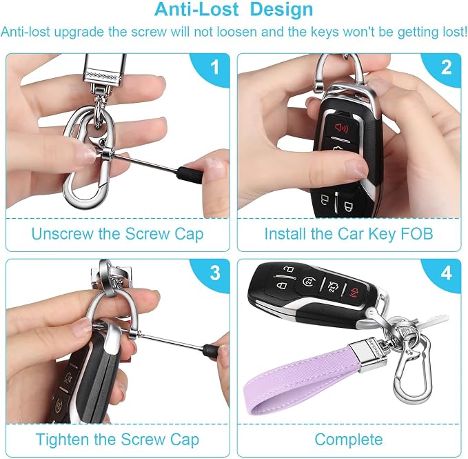 Genuine Leather Car Keychain,Universal Heavy Duty Metal Key Chain Accessories,Car Fob Key Keychain Holder with 360 Degree Rotatable Snap Swivel and Anti-Lost D-Ring for Men Women(Lavender Purple)