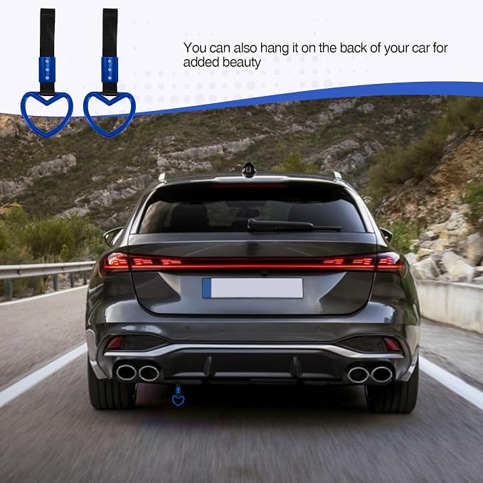 2PCS Heart Shaped Car Handle Straps, Rear Bumper Warning Keychain Ring for Car Exterior Accessories (Blue)