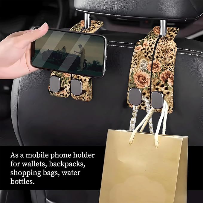 Car Seat Headrest Hook, Universal Leather Cute Hanger Holder Hook, Storage Organizer Interior Accessories for Purse Bags Handbag Luxury Leopard Rose