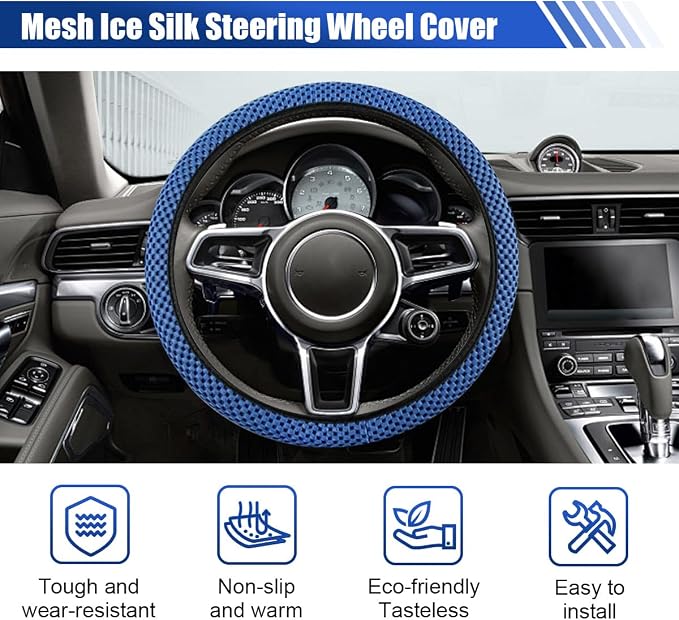 Elastic Stretch Steering Wheel Cover, 15" Breathable Microfiber Ice Silk Steering Wheel Protector, Universal Anti-Slip Car Warm in Winter&Cool in Summer Accessories for Men Women (Blue)