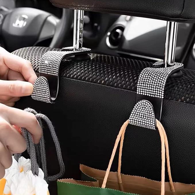 2PCS Car Seat Hooks, Bling Rhinestone Headrest Hooks, Universal Bling Car Interior Accessories, for Handbag, Clothes, Purse, Water Bottle (White)