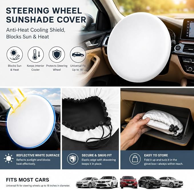 Steering Wheel Sunshade Cover, Anti-Heat Cooling Shield, Blocks Sun & Heat, Reflective White, Universal Fit for Most Cars (Up to 18")