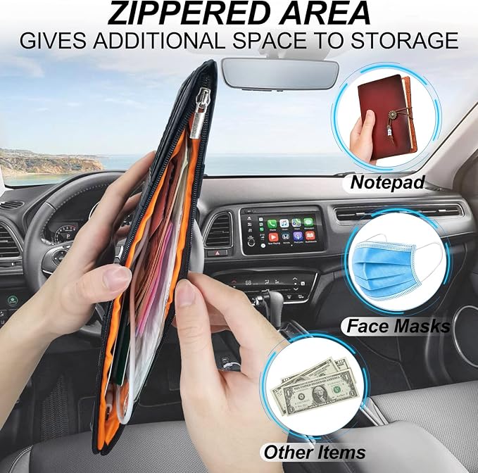 2Pcs Car Sun Visor Organizer, Auto Interior Accessories Pocket Organizer Car Visor Storage Pouch Holder with Zipper Pocket for Sedan, Truck, SUV - Black