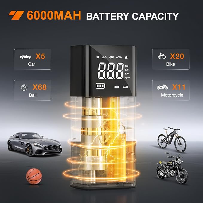 Tire Inflator Portable Air Compressor Rechargeable 12VDC 150PSI Cordless Battery Cigarette Powered 2X Faster Inflation Pump w/Digital Pressure Gauge for Car Motorcycle Bike