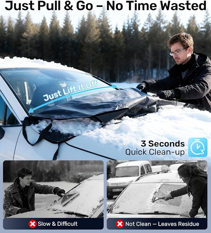 Windshield Cover for Ice and Snow [3-Second Snow Removal & 7-Layer Full Coverage] 6-Point Snowproof Fixation & Reflective Mirror Covers, Fits Sedans and Compact SUVs S (62'' x 49'')