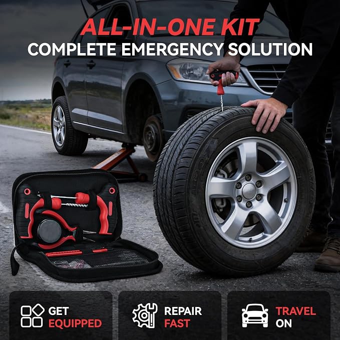 Flat Tire Repair Kit with Air Compressor, 150PSI Portable Air Pump with Auto-Stop & LED, Heavy Duty Tire Plug Kit for Car, SUV, Truck, Jeep, Motorcycle, Roadside Emergency Assistance（Red)