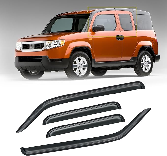 Window Visor for 2003-2011 Honda Element, Rain Guards Shields Vent Deflector Shade Wind Dark Smoke 2004 2005 2006 2007 2008 2009 2010 04 05 06 07 08 09 10, Tape-On, 4PCS
