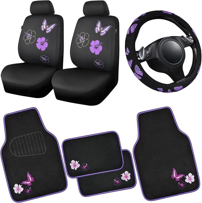 Universal Butterfly Car Seat Covers Front Set, Embroidered Flower Waterproof Car Floor Mats Carpet, Butterflies Steering Wheel Cover for Car Accessories Interior Sets (Black and Purple)